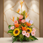 Arreglo floral sobre base rectangular con girasoles amarillos, gerberas rosadas, lirios naranjas y hojas verdes, con una tarjeta de felicitación al fondo