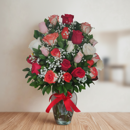 Vase with 18 Multicolored Roses