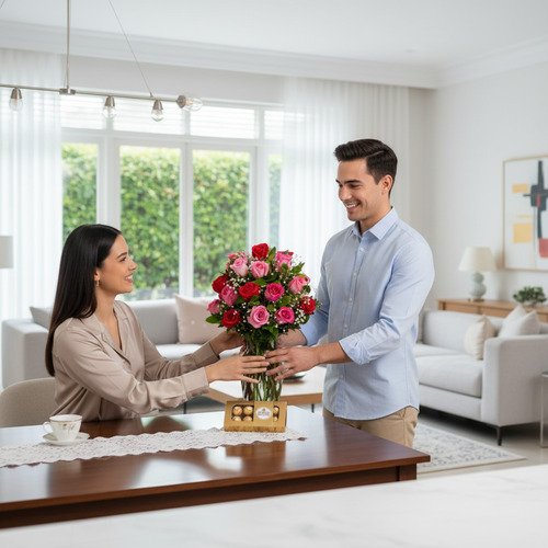 Hombre joven entrega a una mujer un ramo de rosas rojas y rosas sobre una mesa de madera en una sala de estar luminosa y moderna