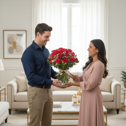 Hombre con camisa azul entrega a una mujer con vestido rosa un gran ramo de rosas rojas en un jarrón de cristal dentro de una sala de estar luminosa
