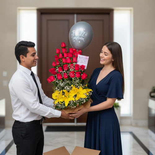 Hombre entregando a una mujer un arreglo floral con rosas rojas, flores amarillas y globo plateado de felicitación en la entrada de una casa