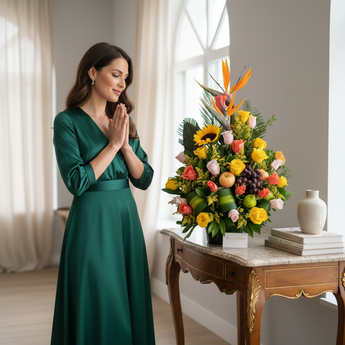 Mujer con las manos juntas frente a un gran arreglo de flores tropicales y rosas sobre una mesa de madera en una habitación iluminada