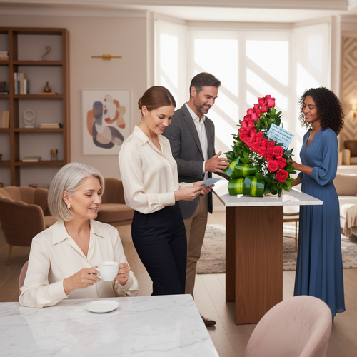 Cuatro personas adultas en una sala luminosa observan un gran arreglo floral de rosas rojas sobre una mesa de madera, mientras una mujer mayor en primer plano sostiene una taza de café