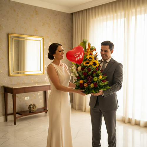 Hombre con traje gris entrega a mujer con vestido blanco un gran arreglo floral con girasoles, flores rojas y globo rojo en forma de corazón con el texto Te amo, en una sala luminosa con cortinas claras y espejo dorado en la pared