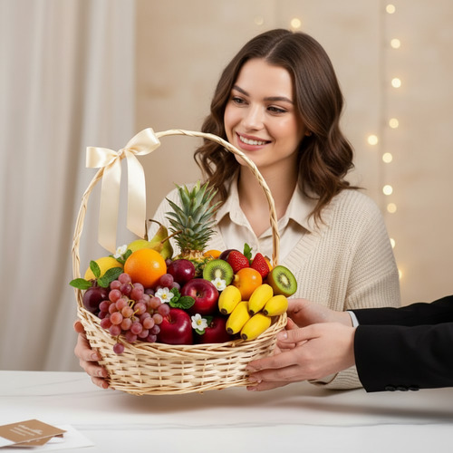 Mujer sonriente recibiendo una canasta de mimbre llena de frutas variadas como piña, uvas, manzanas, fresas, kiwi y plátanos en un ambiente interior iluminado