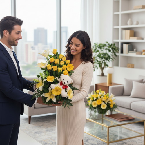 Hombre entregando a una mujer un gran arreglo de flores amarillas con peluche blanco en una sala de estar moderna y luminosa, con otro ramo similar sobre una mesa de centro