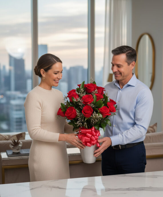 Hombre y mujer sonríen mientras sostienen juntos un gran ramo de rosas rojas en un jarrón blanco con lazo rojo, en un salón luminoso con ventanales a la ciudad