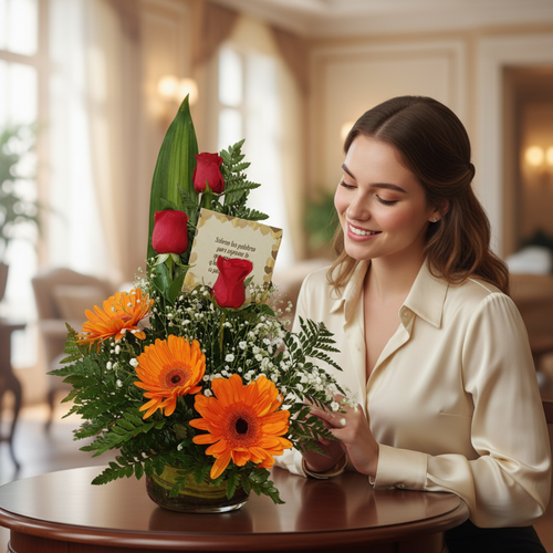 Mujer joven sonriente sentada junto a un arreglo floral con rosas rojas, gerberas naranjas y follaje verde en un jarrón de cristal sobre una mesa en una sala elegante