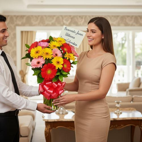Hombre joven entrega a una mujer un gran ramo de flores gerberas de colores vivos con lazo rojo y tarjeta de bienvenida en una sala de estar elegante