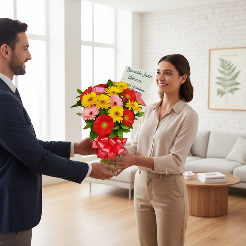 Hombre con traje entregando a una mujer un ramo de flores de colores con tarjeta de bienvenida en una sala de estar moderna y luminosa