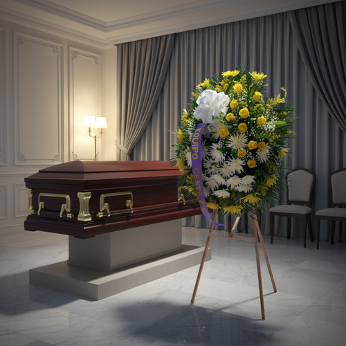 Corona de flores fúnebres con lazo morado junto a ataúd de madera en una elegante sala de velatorio