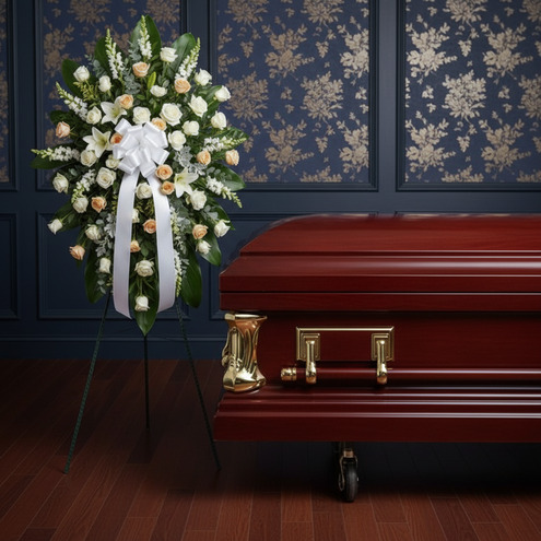 Corona de flores blancas y crema con lazo blanco al lado de un ataúd de madera barnizada con herrajes dorados en sala velatoria
