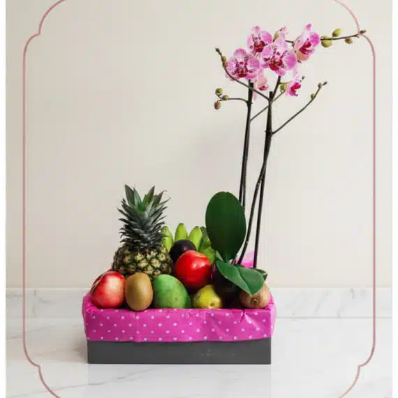 Arreglo ANTONELLO: Orquídea Phalaenopsis y Frutas Selectas para Regalar Arreglo ANTONELLO con orquídea Phalaenopsis rosa y frutas frescas como piña, manzanas, kiwis y mangos, presentado en una caja