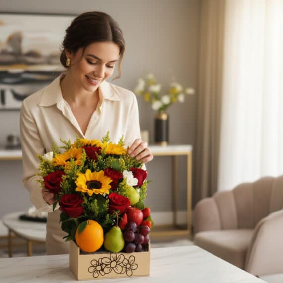 Mujer elegante y sonriente admira un arreglo floral ADRIANO con rosas rojas, girasoles y frutas frescas en un lujoso hogar.