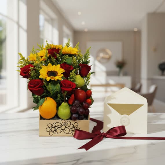 Arreglo floral Adriano con rosas rojas, girasoles, naranjas, peras, uvas y fresas en caja de madera, con tarjeta de regalo y