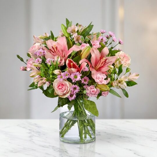 Arreglo floral ANNA con rosas y lirios rosados, alstroemerias y margaritas, en un jarrón de cristal sobre una mesa de mármol