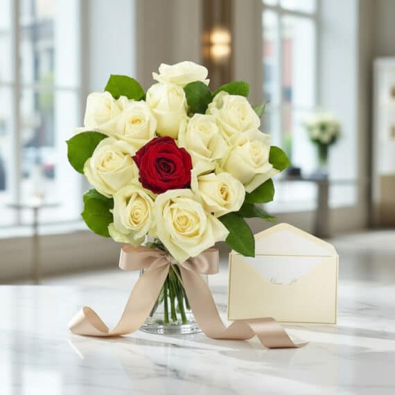 Arreglo floral CARLA con doce rosas de tallo largo, once blancas y una roja central, en jarrón de cristal con cinta satinada