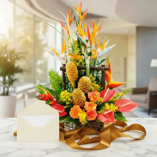 Arreglo floral exótico Apolo con aves del paraíso, jengibre y rosas naranjas, sobre mármol con cinta dorada, listo para regal