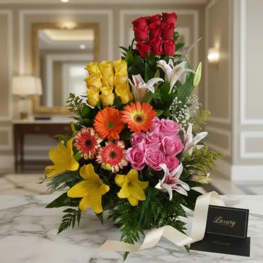Arreglo floral exótico Paraíso con lirios amarillos, rosas rojas y rosadas, y gerberas naranjas en un jarrón elegante sobre m