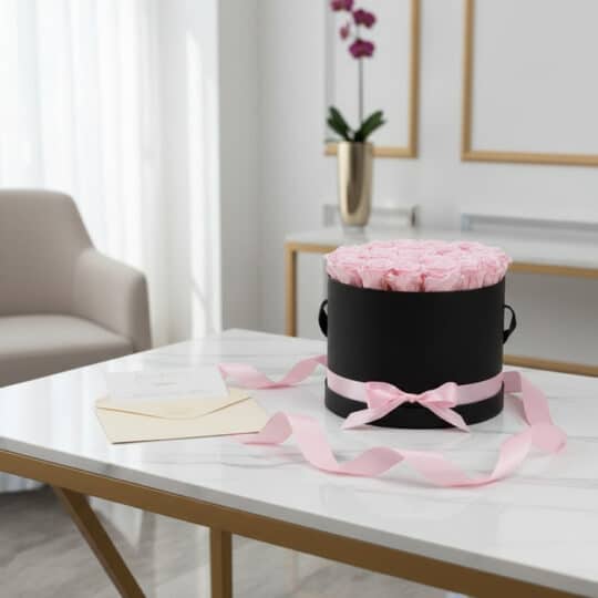 Arreglo Floral Francesca con 21 rosas rosadas en un cilindro negro, sobre mesa de mármol con tarjeta de regalo y cinta rosa.
