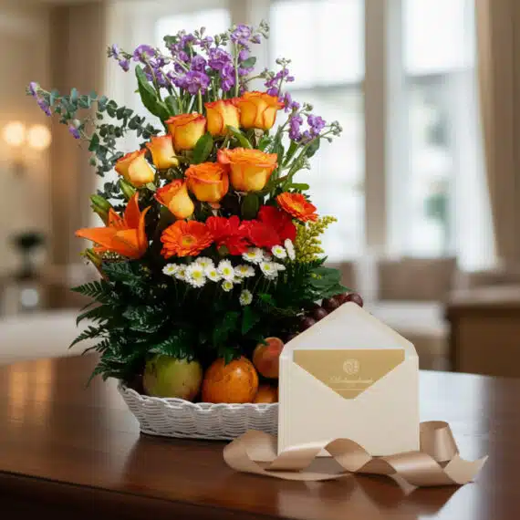 Arreglo floral Hadar con rosas naranjas, lirios, gerberas, margaritas, eucalipto y flores moradas, acompañado de frutas fresc