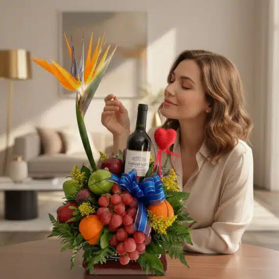 Mujer elegante admira Arreglo Floral Gourmet ITALINA con vino tinto, uvas, manzanas, naranjas y ave del paraíso en un hogar d