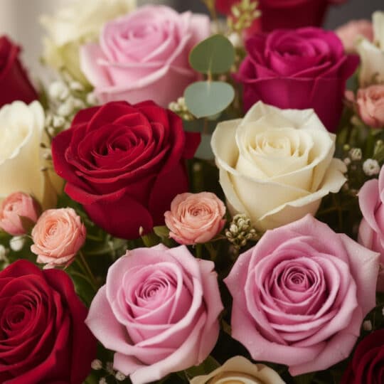 Primer plano extremo de Arreglo Floral LUCREZIA con 30 rosas en tonos románticos: rojas, rosadas y blancas, con gotas de rocí