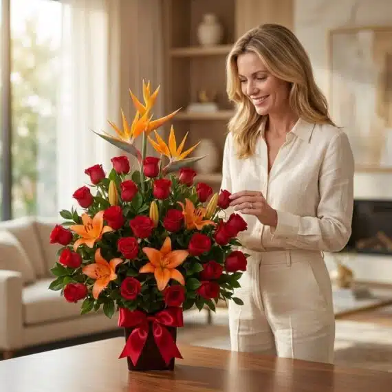 Mujer rubia sonriente admirando el Arreglo Floral Me Encantas, con rosas rojas, lirios naranjas y aves del paraíso en un hoga