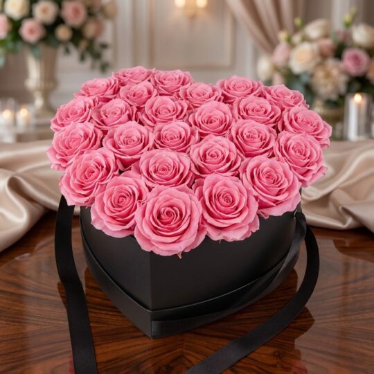 Arreglo Floral Perla con 24 rosas rosadas vibrantes en una caja negra en forma de corazón, sobre una mesa de madera pulida en