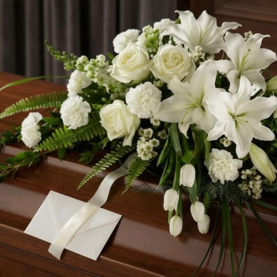 Arreglo fúnebre cubre caja Bondad con lirios, rosas y claveles blancos, follaje verde, cinta satinada y sobre de condolencias