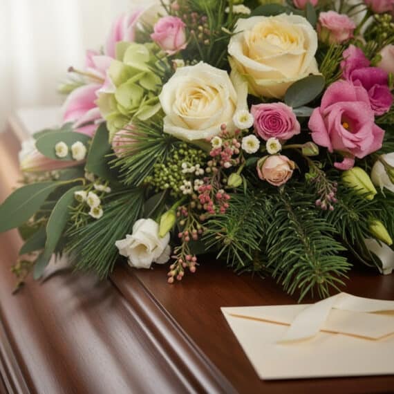 Primer plano de un arreglo floral fúnebre con rosas blancas, rosas y lirios, follaje verde, rocío sutil, cinta satinada y sob