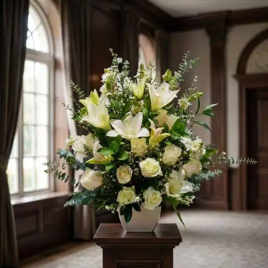 Arreglo fúnebre perpetuo con lirios blancos, rosas blancas y follaje verde, presentado en una sala de velación premium con lu