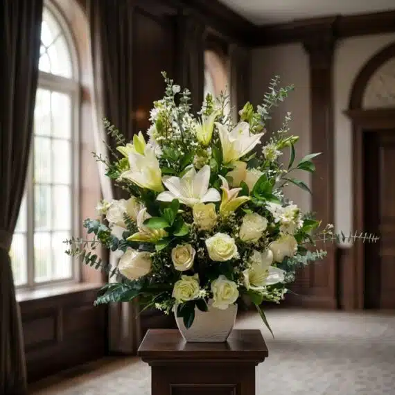 Arreglo Fúnebre Perpetuo: Lirios y Rosas Blancas para Homenaje Arreglo fúnebre perpetuo con lirios blancos, rosas blancas y follaje verde, presentado en una sala de velación premium con lu