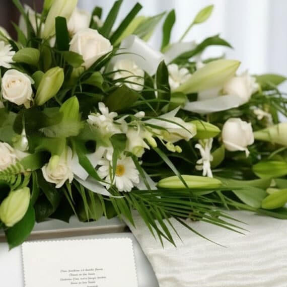 Arreglo fúnebre cubre caja con rosas blancas, lirios y follaje verde, con una cinta satinada blanca y una tarjeta de condolen