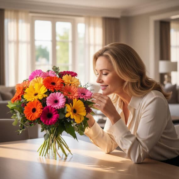 Mujer rubia sonriente admira un Bouquet Floral Adela de gerberas multicolor vibrantes en un hogar de lujo con luz natural.