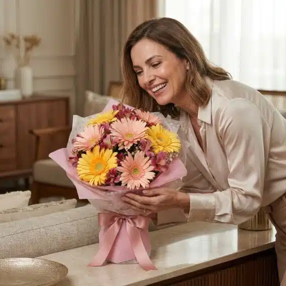 Mujer sonriente admirando un hermoso bouquet de gerberas multicolor (rosas, amarillas y alstroemerias) envuelto en papel rosa