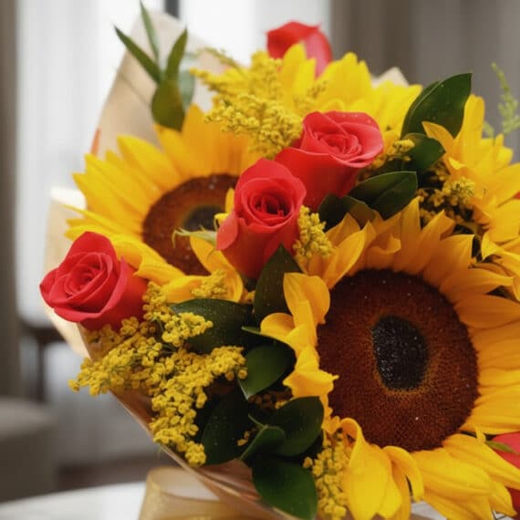 Primer plano extremo de un bouquet de rosas rojas y girasoles con gotas de rocío, destacando texturas hiperrealistas y colore
