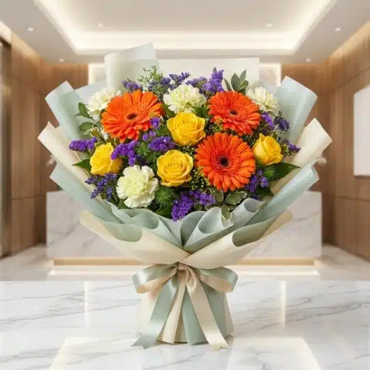Bouquet Floral SABRINA con rosas amarillas, gerberas naranjas y flores de relleno moradas, envuelto en papel coreano elegante