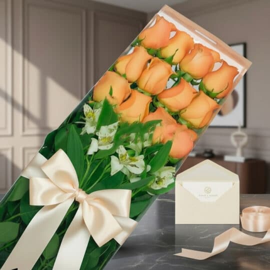 Caja de 12 rosas salmón frescas con alstroemerias blancas, lazo de satén beige, tarjeta de regalo y cinta sobre mármol oscuro