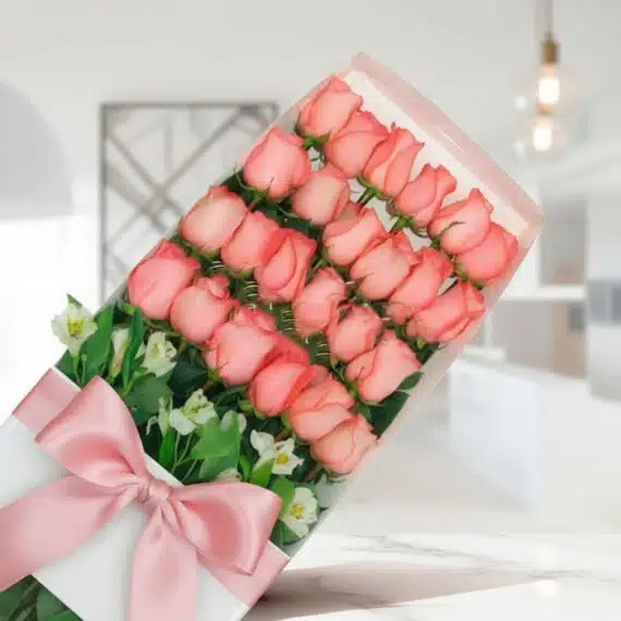 Caja de 24 Rosas Rosadas: El Regalo Perfecto para Sorprender Caja de 24 rosas rosadas frescas con moño de seda rosa, dispuestas elegantemente en un fondo luminoso y moderno, ideal para e