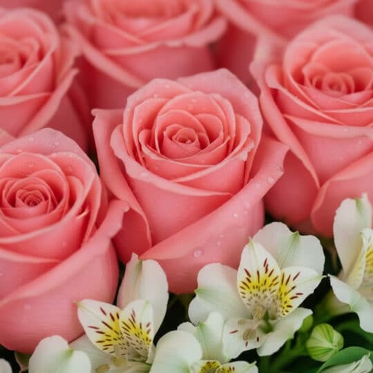 Primer plano extremo de una caja de 24 rosas rosadas frescas con gotas de rocío, mostrando texturas hiperrealistas y alstroem