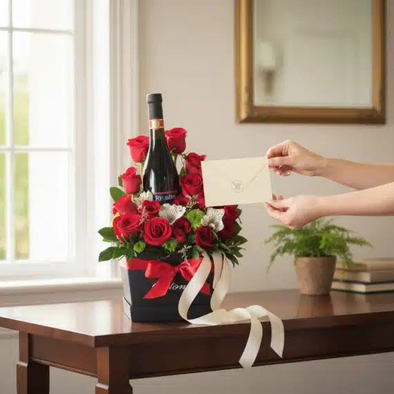 Caja floral ENNIO con rosas rojas, vino tinto y tarjeta, siendo entregada en un ambiente hogareño luminoso.