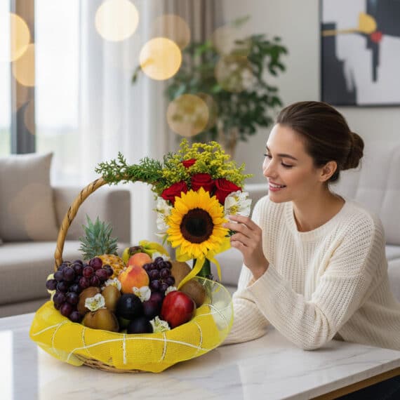 Mujer joven sonriendo y admirando una canasta de frutas Draco con girasol, rosas rojas y follaje, en un hogar de diseño lujos