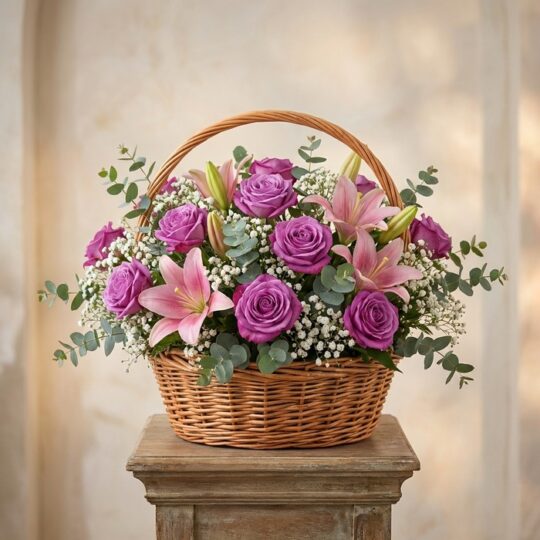Cesta de flores AZURE con rosas moradas, lirios rosas, paniculata y eucalipto, ideal para regalar en cualquier ocasión especi