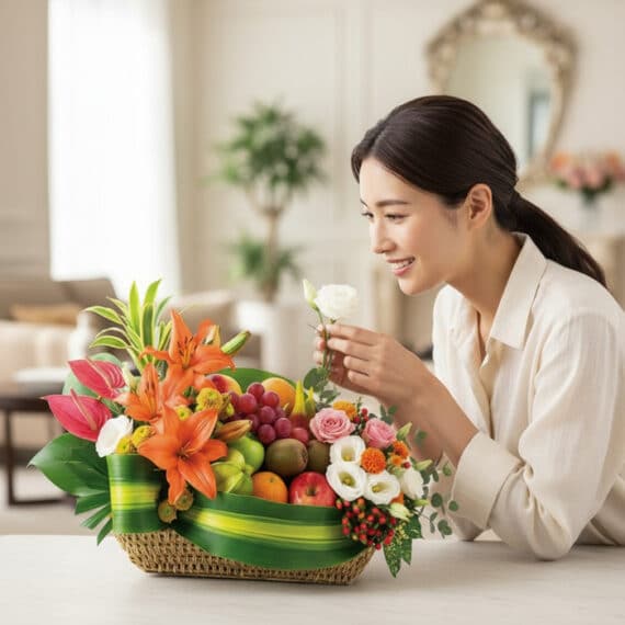 Mujer sonriente admirando y tocando delicadamente una flor blanca de la Cesta Frutal THALIA con Lirios y Anturios en un hogar