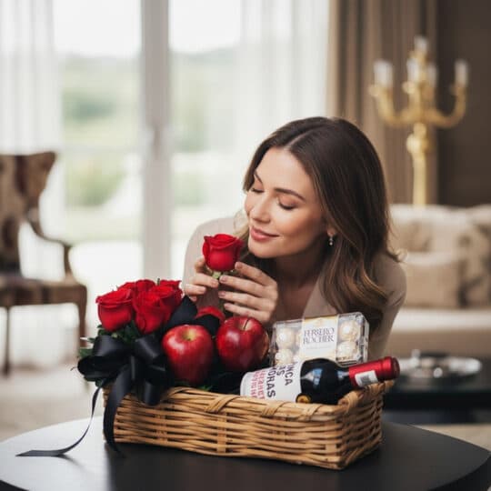 Mujer elegante admirando una rosa roja de la CestaANGELO, que incluye rosas, manzanas, vino y chocolates Ferrero Rocher, en u