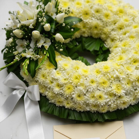 Fotografía macro premium de la Corona Fúnebre Bethesda, mostrando texturas hiperrealistas de pétalos blancos y follaje verde