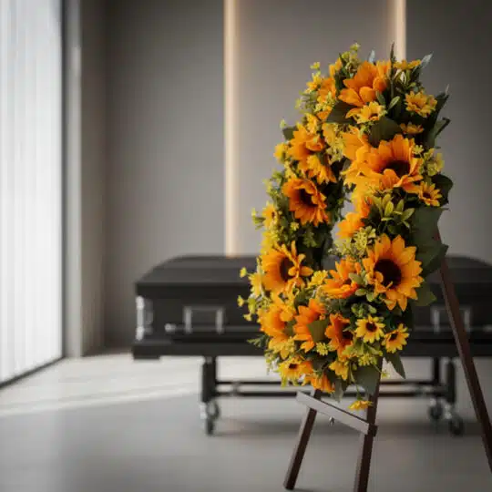 Corona fúnebre de girasoles vibrantes en una sala de velación moderna, con un ataúd sobrio desenfocado al fondo. Un tributo f