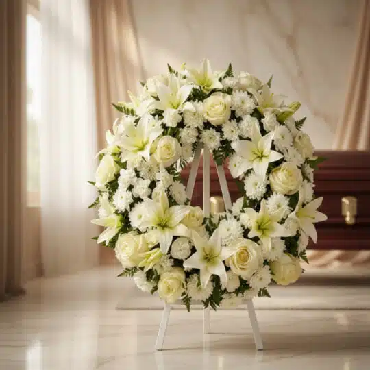 Corona fúnebre Homenaje Gadriel con lirios y rosas blancas, en sala de velación moderna con ataúd al fondo.