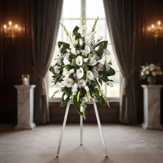 Corona Fúnebre ‘Homenaje Guadalupe’: Elegancia y Respeto en Cada Flor Impresionante corona fúnebre 'Homenaje Guadalupe' con lirios blancos, calas y margaritas, sobre un trípode en una sala de vel